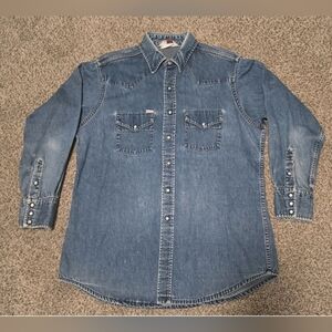 VTG Carhartt Shirt Mens L Blue Western Denim Pearl Snap Long Sleeve 90s SM HOLES